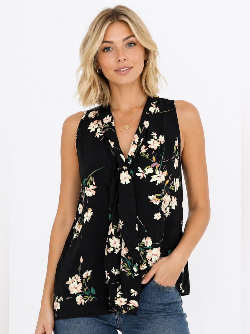 Floral Sleeveless Tie Neck Blouse Black Bow Front Top Small Feminine Office Chic